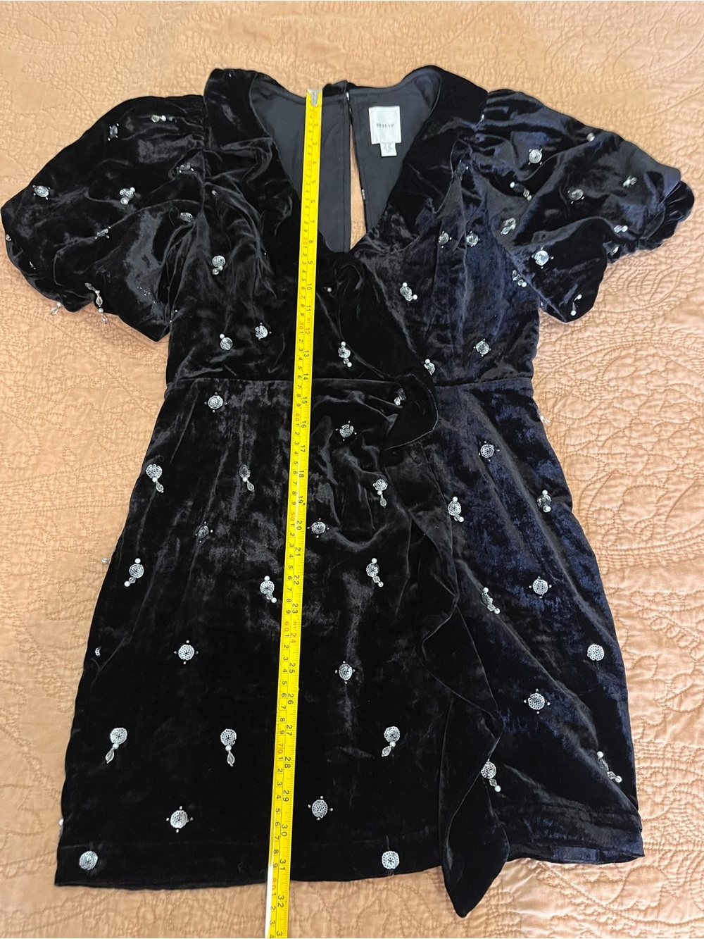 Anthropologie Maeve Black Luxe Velvet Dress Embellished Jewels Puff 8P Mini - Picture 6 of 9